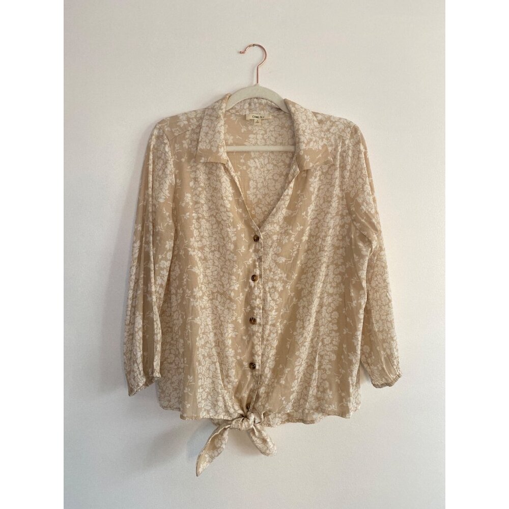 Como Blu Beige Floral Button-Down Blouse With Tie Front Women’s Size M